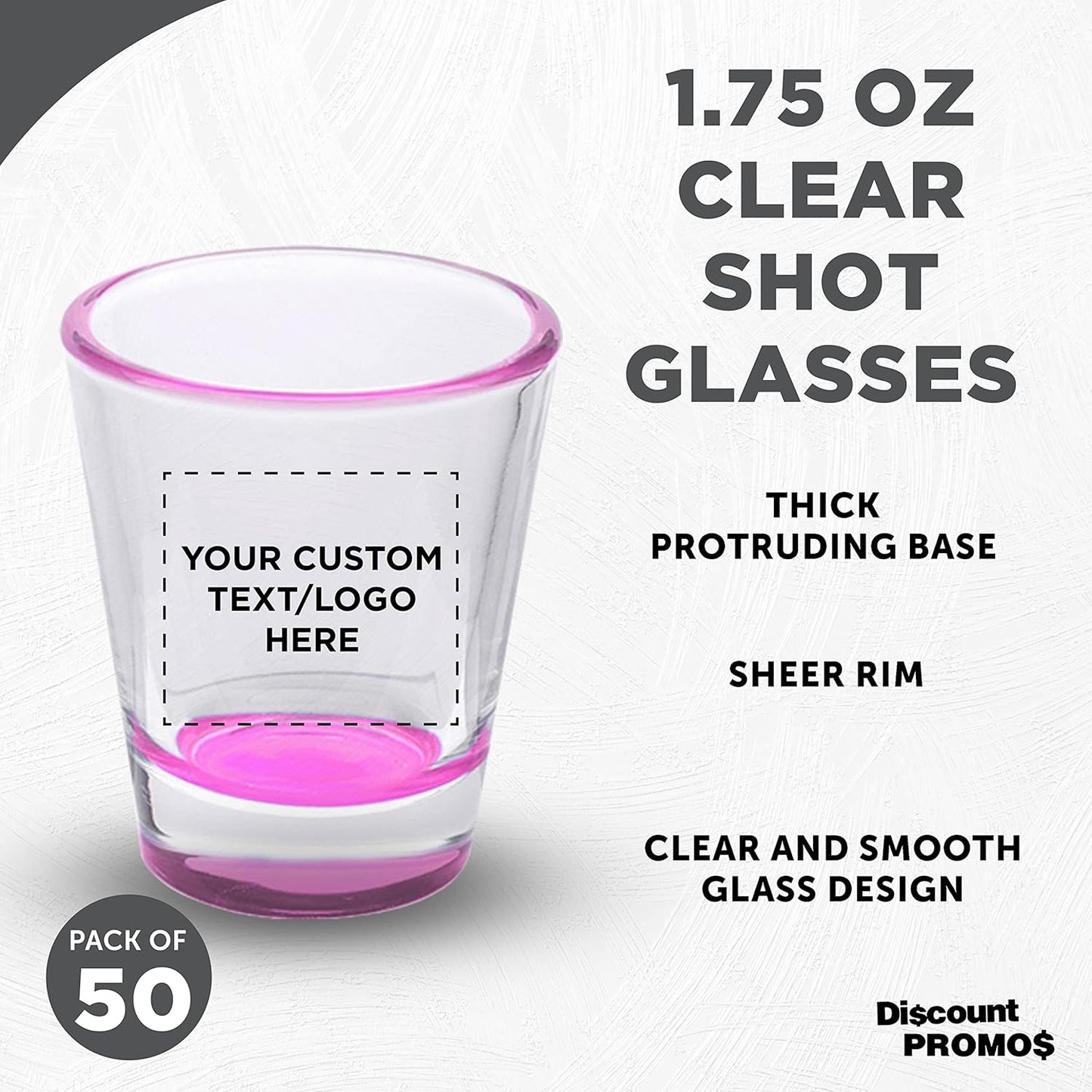 Custom Shot Glasses 1.75 oz. Set of 50, Personalized Bulk Pack - Great for Wedding Favors, Bachelorette Party Decorations, Party Fovors, Color Bottom - Pink
