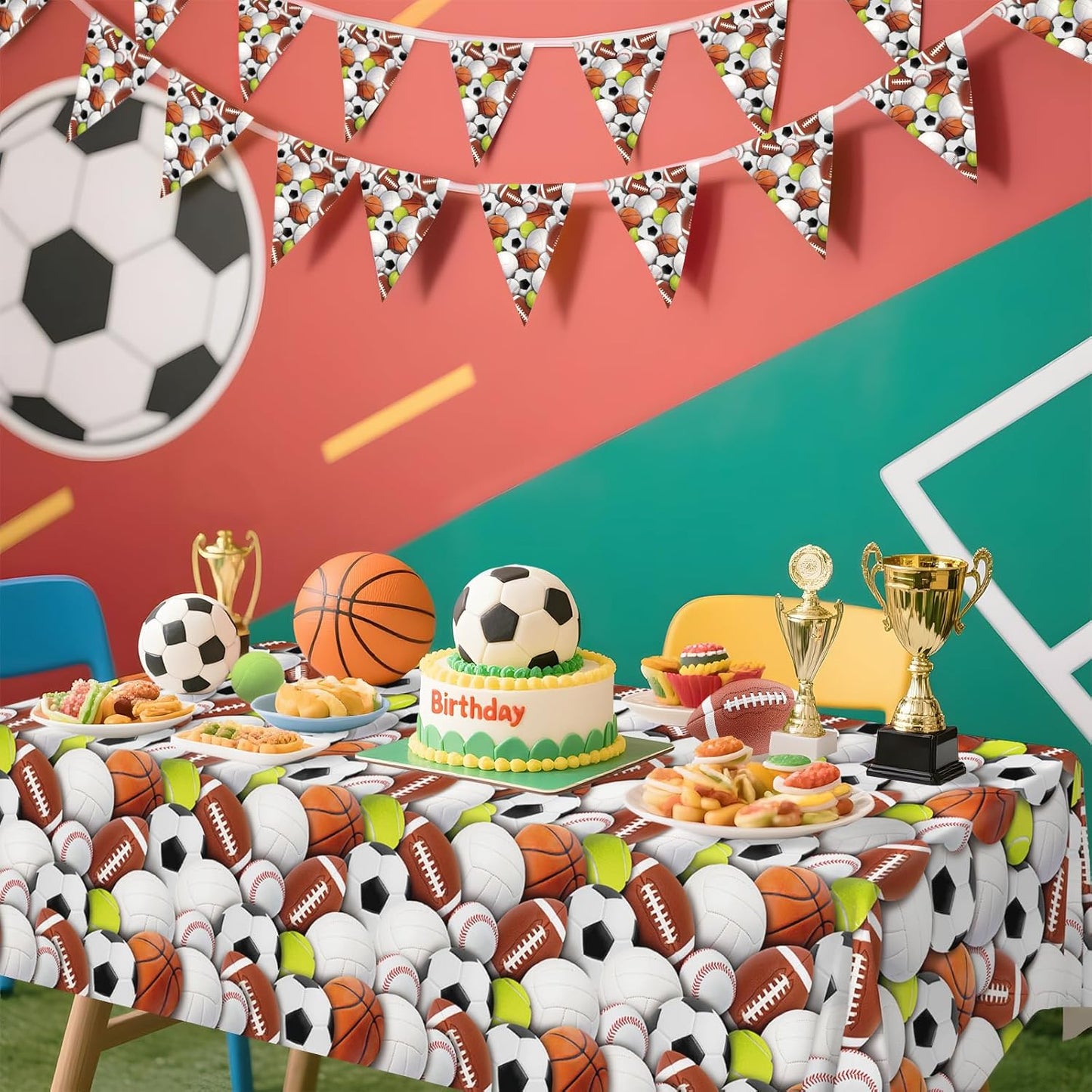 Gatherfun Sports-Themed Party Pack: 2-Pack Boys Birthday Decorations, Disposable Plastic Tablecloth for Sports Birthday Party Decorations，54 x 108 Inches