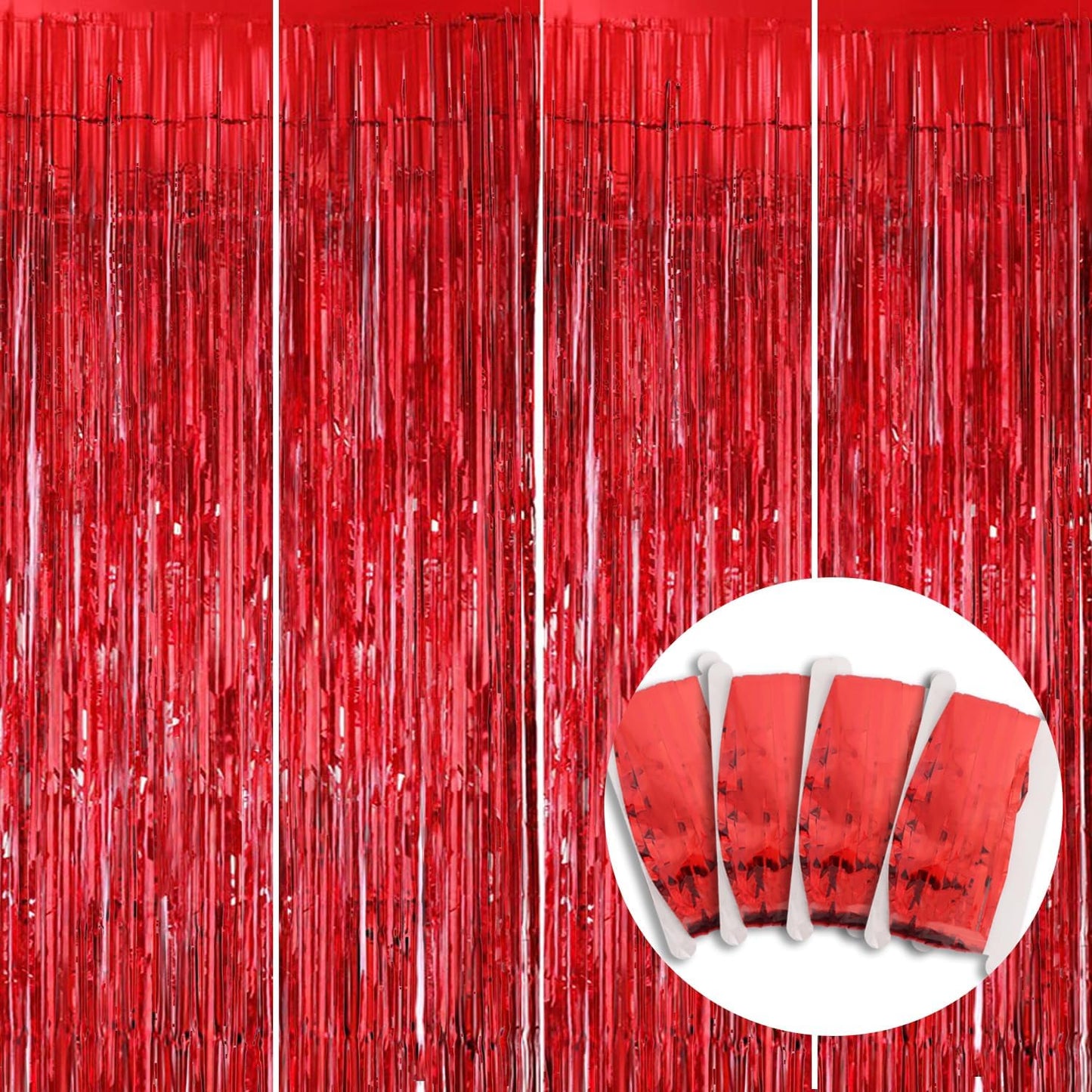 BEISHIDA 4 Pcs Red Door Streamers Tinsel Curtain Party Streamers Backdrop Fringe Foil Wall Background for Birthday Valentine's Day Christmas Wedding Party Decoration(3.28 ft x 6.56 ft)