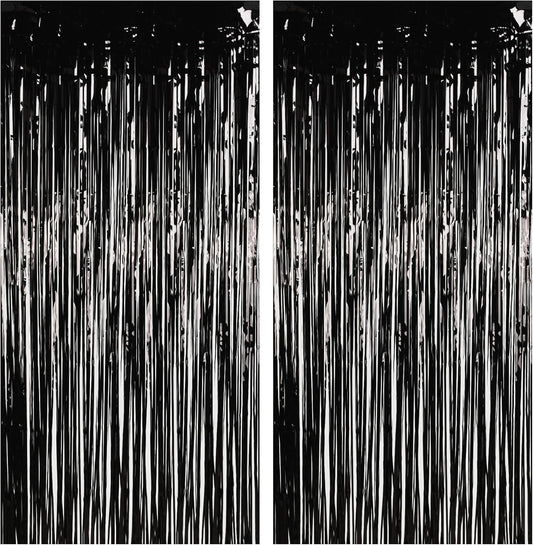 Foil Fringe Curtain Halloweens Party Decorations - Pure Black Tinsel Photo Backdrop Party Steamers Curtains for Birthdays Music Christmas Stranger Theme Parties