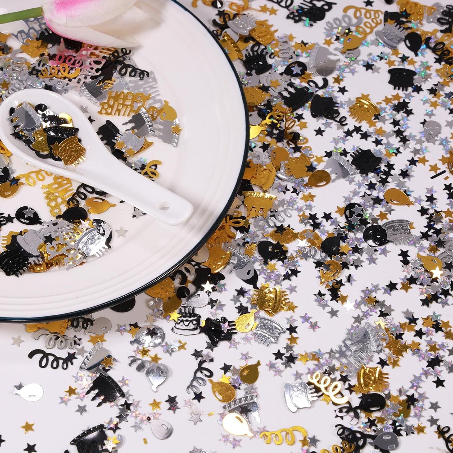 Gold and Black Happy Birthday Confetti, 3000 Pcs Birthday Cake Table Metallic Foil Confetti Party Table Decor for Party, Baby Shower, DIY Arts and Crafting