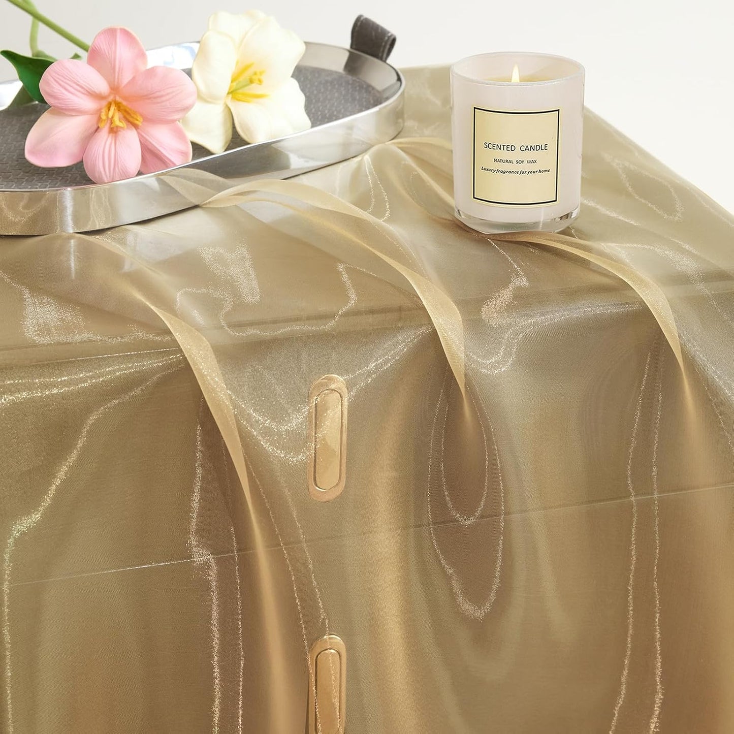 P Pothuiny Sheer Organza Fabric by The Yard, 1 Yard x 60 Inch Wide Bridal Champagne Organza Tulle Fabric Roll Shiny Gauze Fashion Dress Sewing Craft for Wedding Party Decorations Backdrop