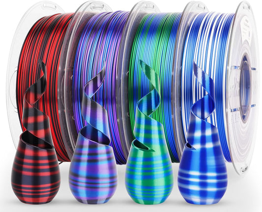 AMOLEN Silk PLA 3D Printer Filament Bundle, Shiny PLA Filament 1.75mm Multicolor Rainbow Pack, Fast Color Change PLA 3D Printing Filament for Most FDM 3D Printer, 1KG X 4 Spools