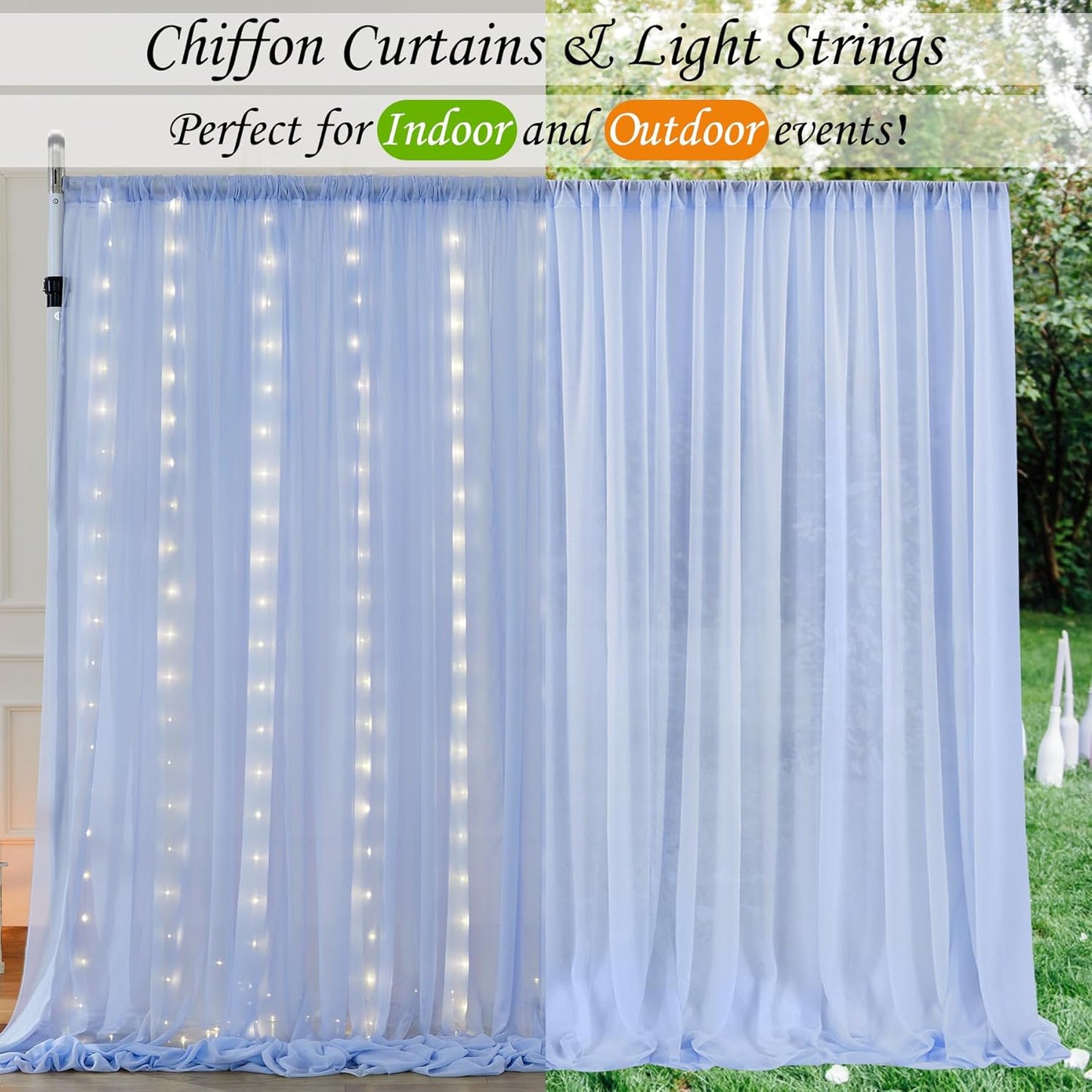 10ft x 10ft Baby Blue Chiffon Backdrop Curtain with Lights String for Parites Wedding Light Blue Curtains Photo Backdrop Drapes for Baby Shower Birthday Party Home Decorations