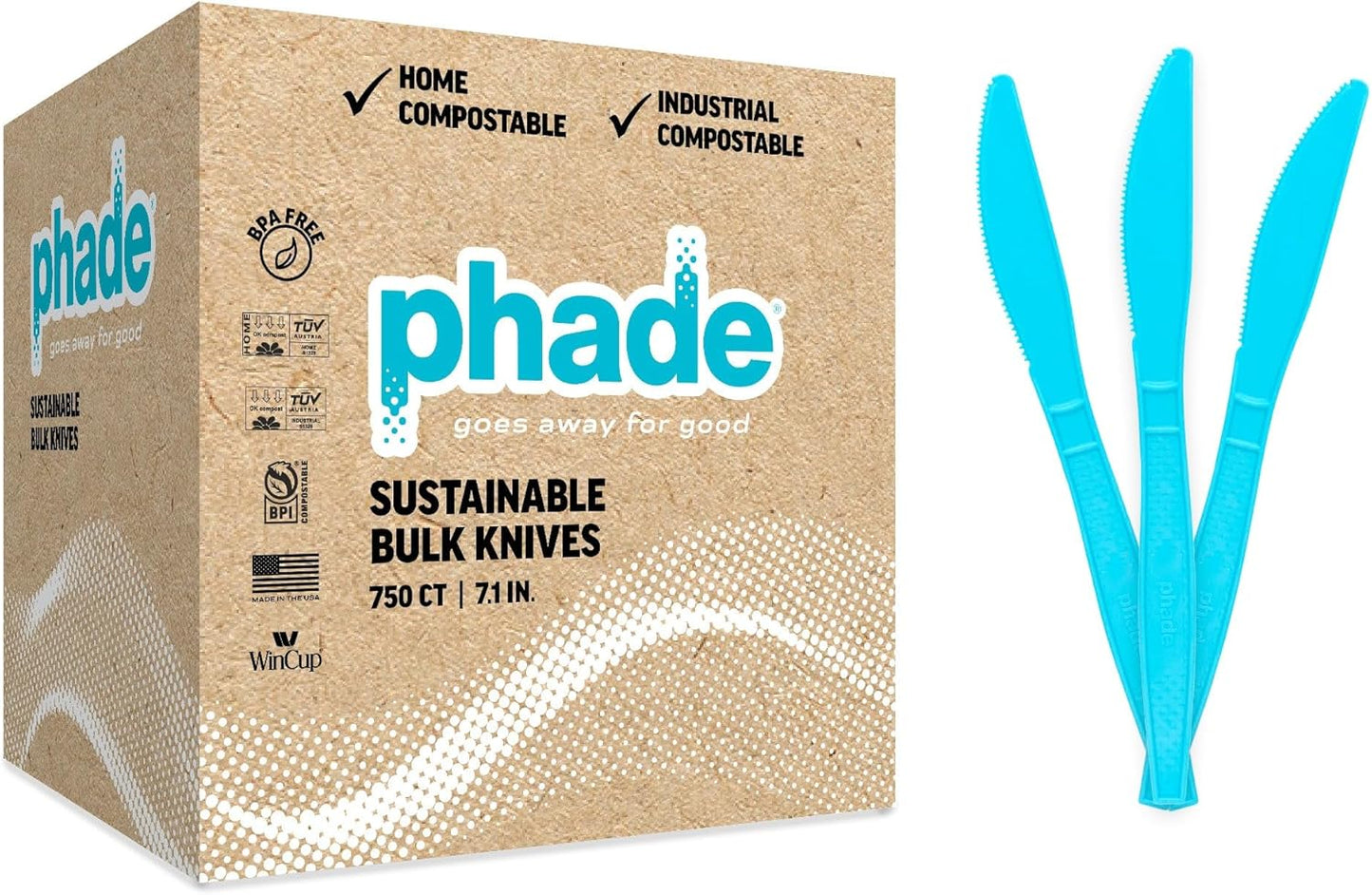 phade 100% Compostable Knives – BPI Certified Sustainable PHA Flatware, 750 Unwrapped Bulk Count, 7.1 Inch Eco-Friendly Disposable Utensils for Home, Events, Catering – Made in USA