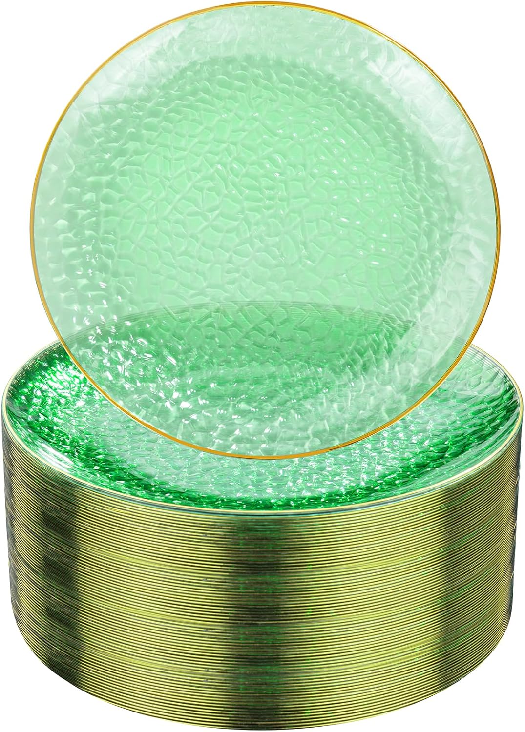 Rubtlamp 100 Pcs Green And Gold Plastic Plates - 10 inch Clear Green Gold Dinner Plates - Hammer Pattern Design - Fancy Disposable Platos - Heavy-Duty Party Platos Ideal for Wedding