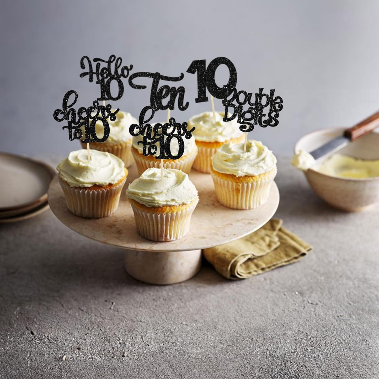 30Pcs 10th Birthday Cupcake Toppers Ten Double Hello 10 Cupcake Picks Cheers to 10 Years Old Cake Decorations for 10th Birthday Party Supplies Black Glitter