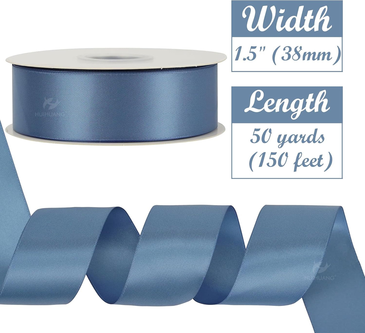 HUIHUANG 1-1/2 inch Double Face Satin Ribbon, Polyester Satin Smoke Blue Ribbon 50 Yards Per Roll for Gift Wrapping Bows Making Floral Bouquet Wedding Invitations Decor Party Favor and Craft Supplies