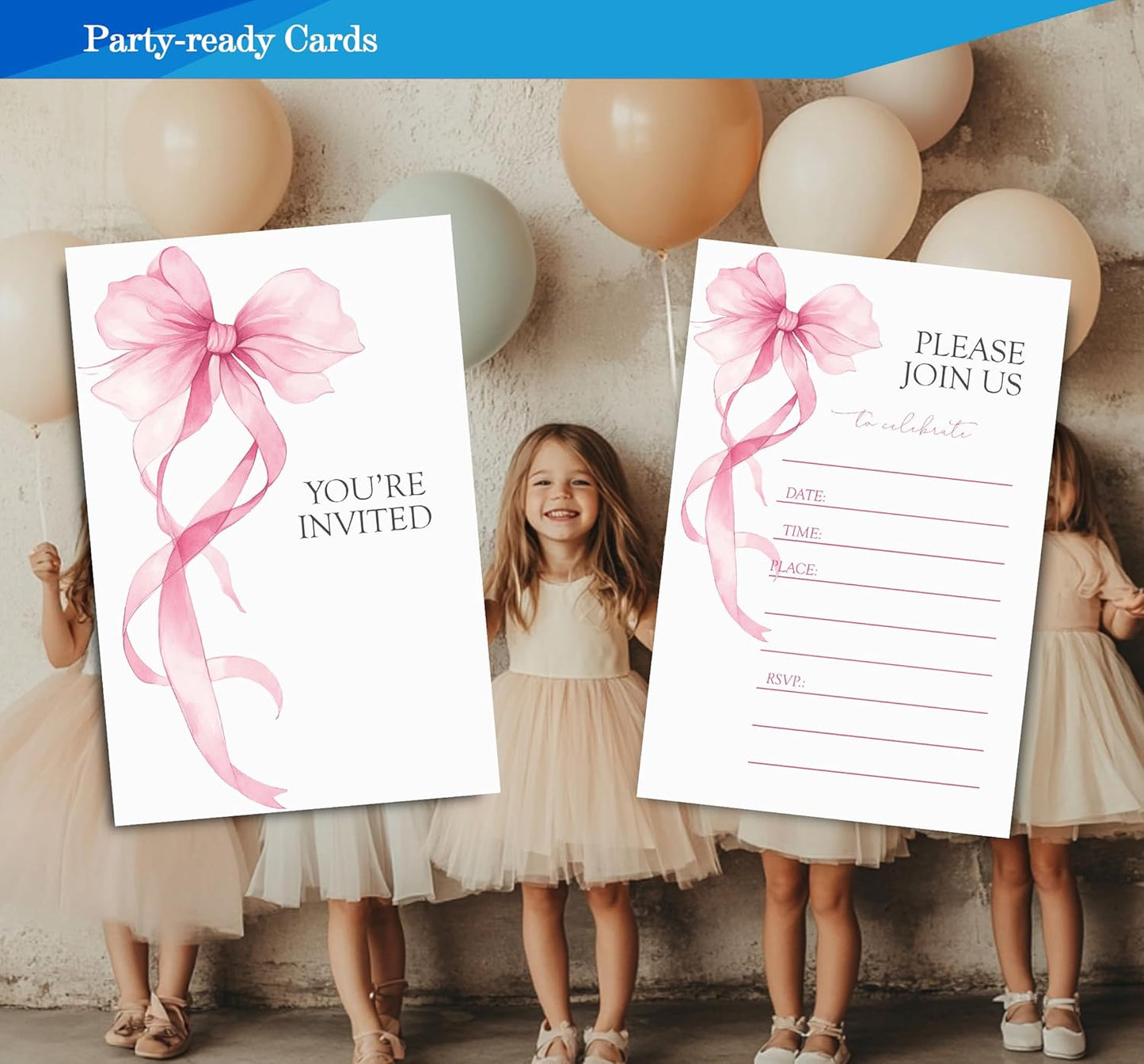 Pink Bow Birthday Invitations for Girls, Elegant Bow Birthday Party Invitaions for Girls Coquette Party Invites, 4x6 Inches, 30 Sets with Envelopes