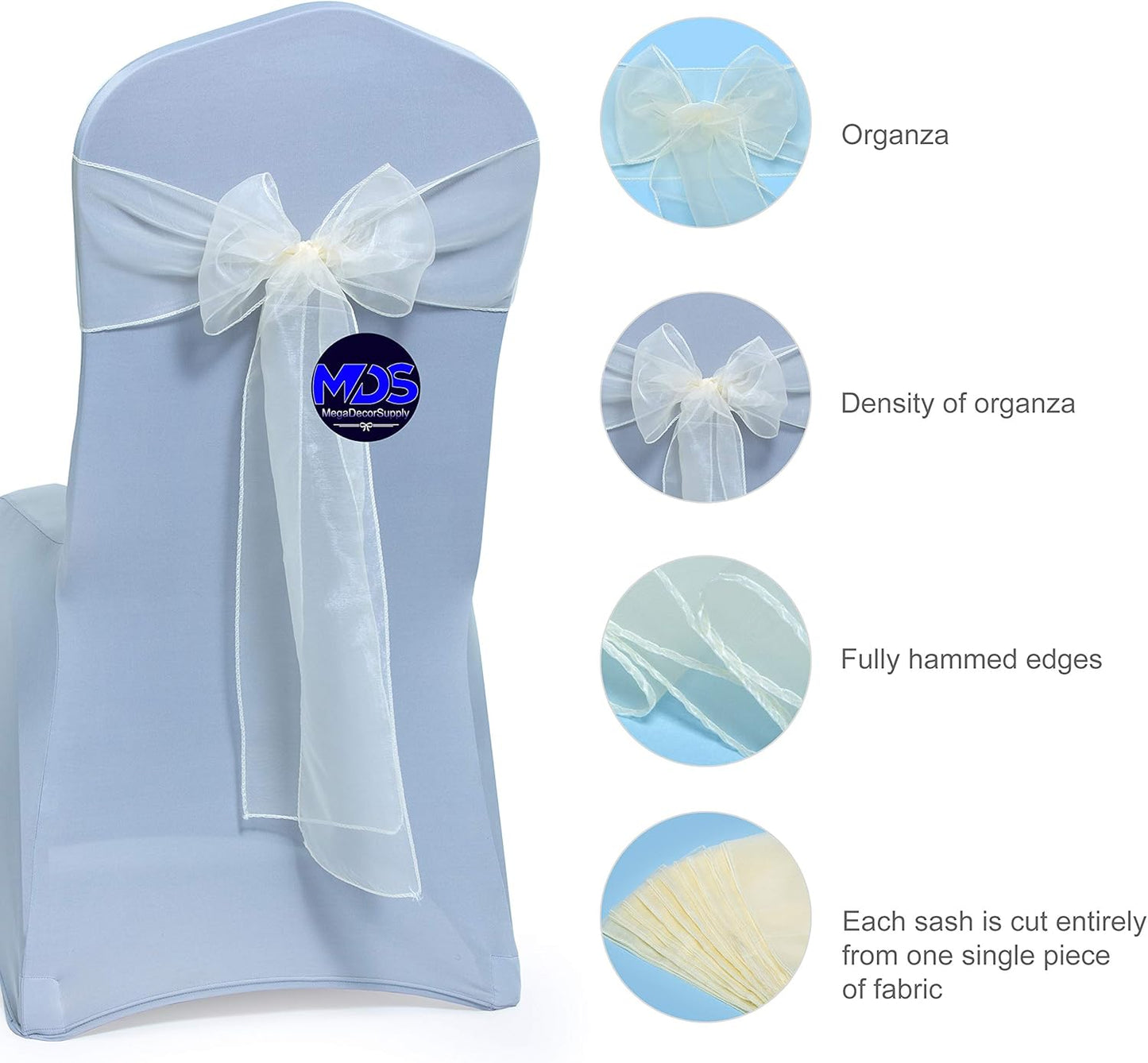MDS Pack of 300 PCS Organza Chair Sashes Wider Dining Chair Bows Ribbon Tie Back for Wedding Party Birthday Bridal Shower Reception Event Banquet Home Chair Cover Decoration - Ivory