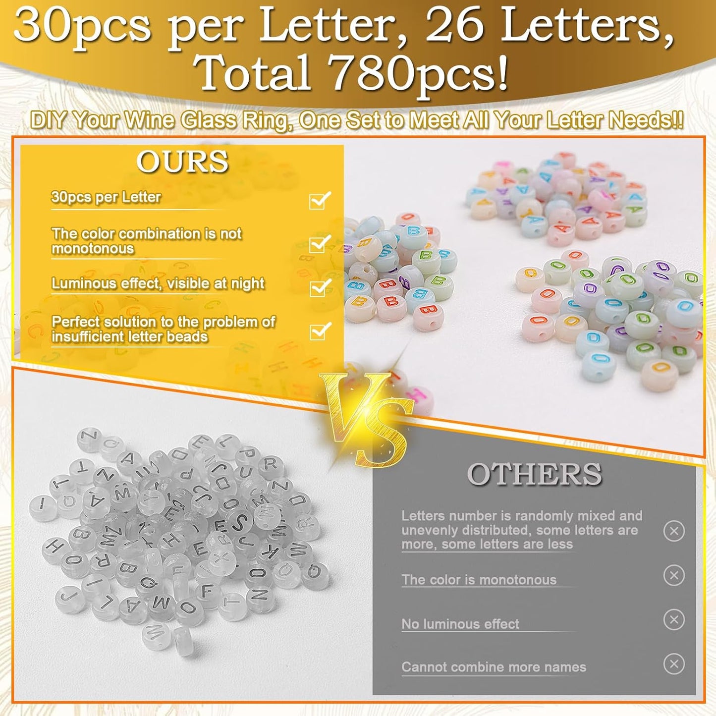 60 Sets DIY Wine Glass Charms – 780 Letter Beads 120 Gold Beads 60 Charm Rings 2 Tweezers, Drink Identifier Charms Wine Glass Marker Tags for Wedding Cocktail Bachelorette Party Decoration (Luminous)