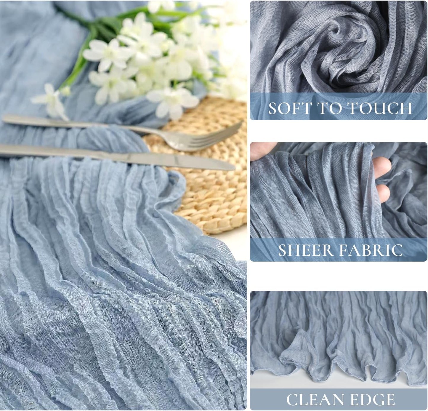12 Pack Dusty Blue Cheesecloth Table Runners 35x120 Inch,10FT Boho Fall Thanksgiving Blue Gauze Table Runner Cheese Cloth for Wedding Party Baby Shower Home Decorations