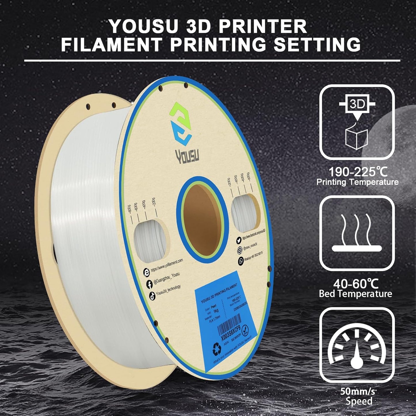 YOUSU 3D Printer Filament 1.75mm PLA Filament Glow in Dark White PLA Filament 3D Printing Filament 1kg(2.2lbs) Spool.