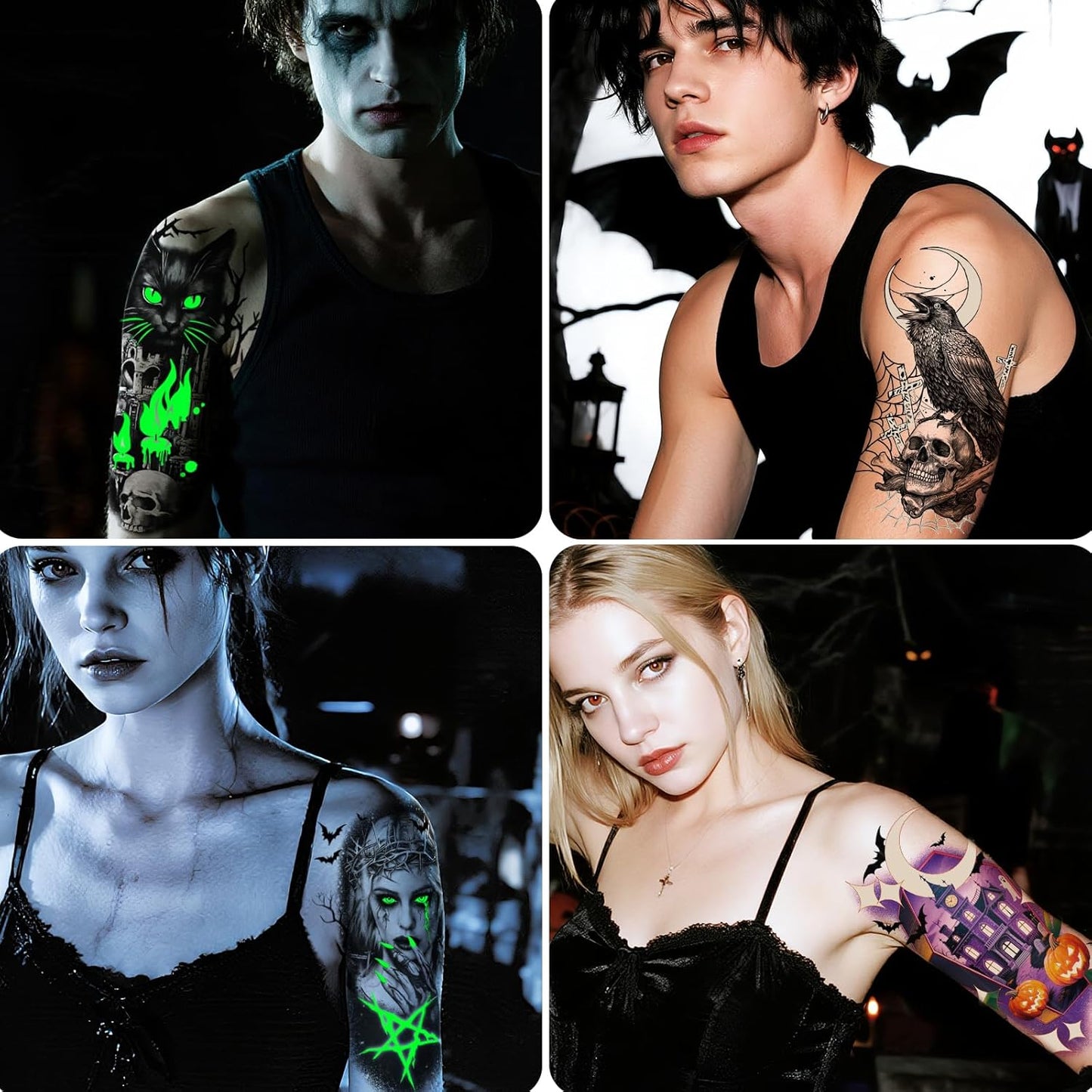 39 Sheets Halloween Glow Up Temporary Tattoos Women Men Adults, Skeleton Death Skull Pointed Black Hats Brooms Cauldrons Black Cats Half Arm Halloween Fake Tattoo, Scary Tattoos for Halloween Costume