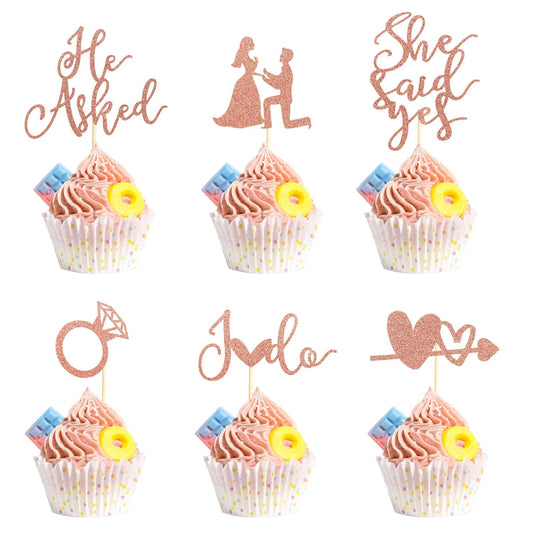 24Pcs He Asked She Said Yes Cupcake Toppers Diamond Ring Heart I Do Cake Picks for Wedding Engagement Bridal Shower Party Cake Decorations - Rose Gold Glitter