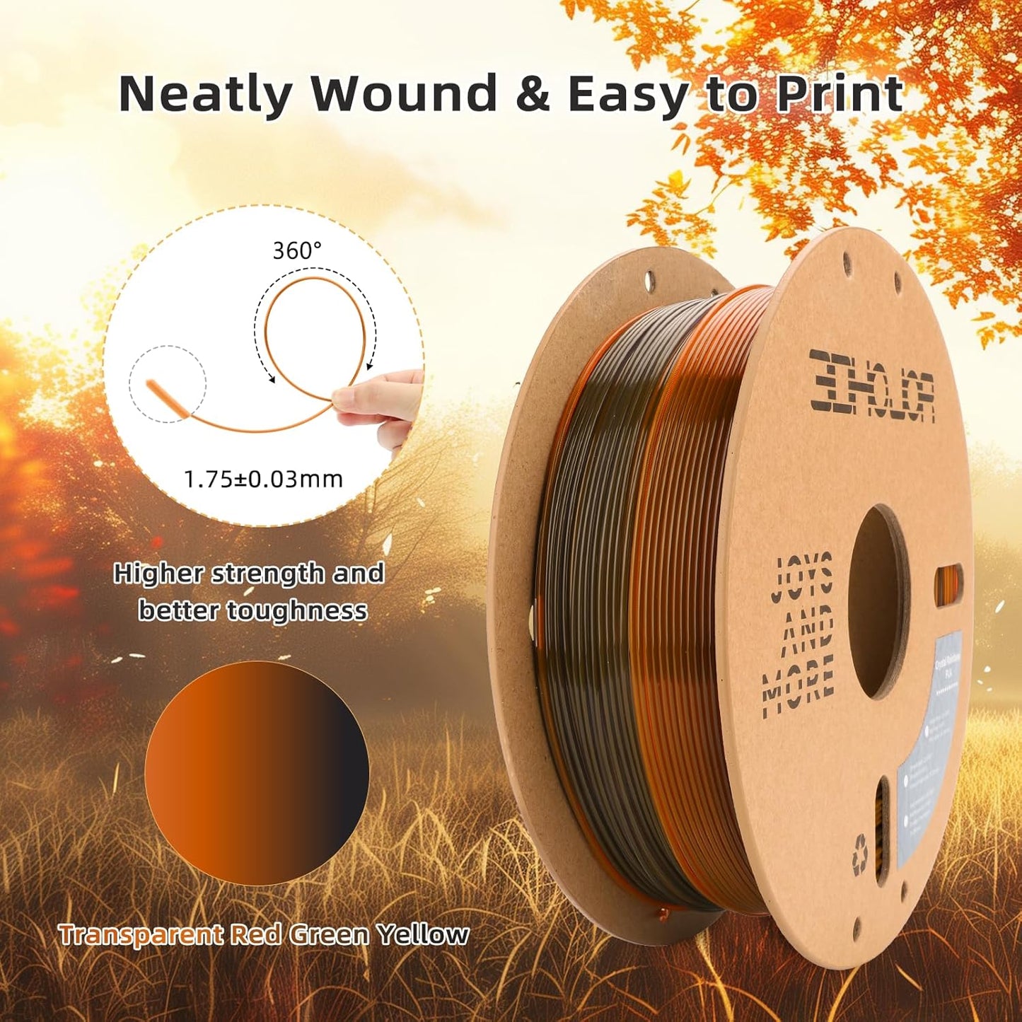 Transparent Multi Rainbow Color Change PLA 1.75mm 1KG 3D Printing Filament Crystal Rainbow PLA-Late Autumn