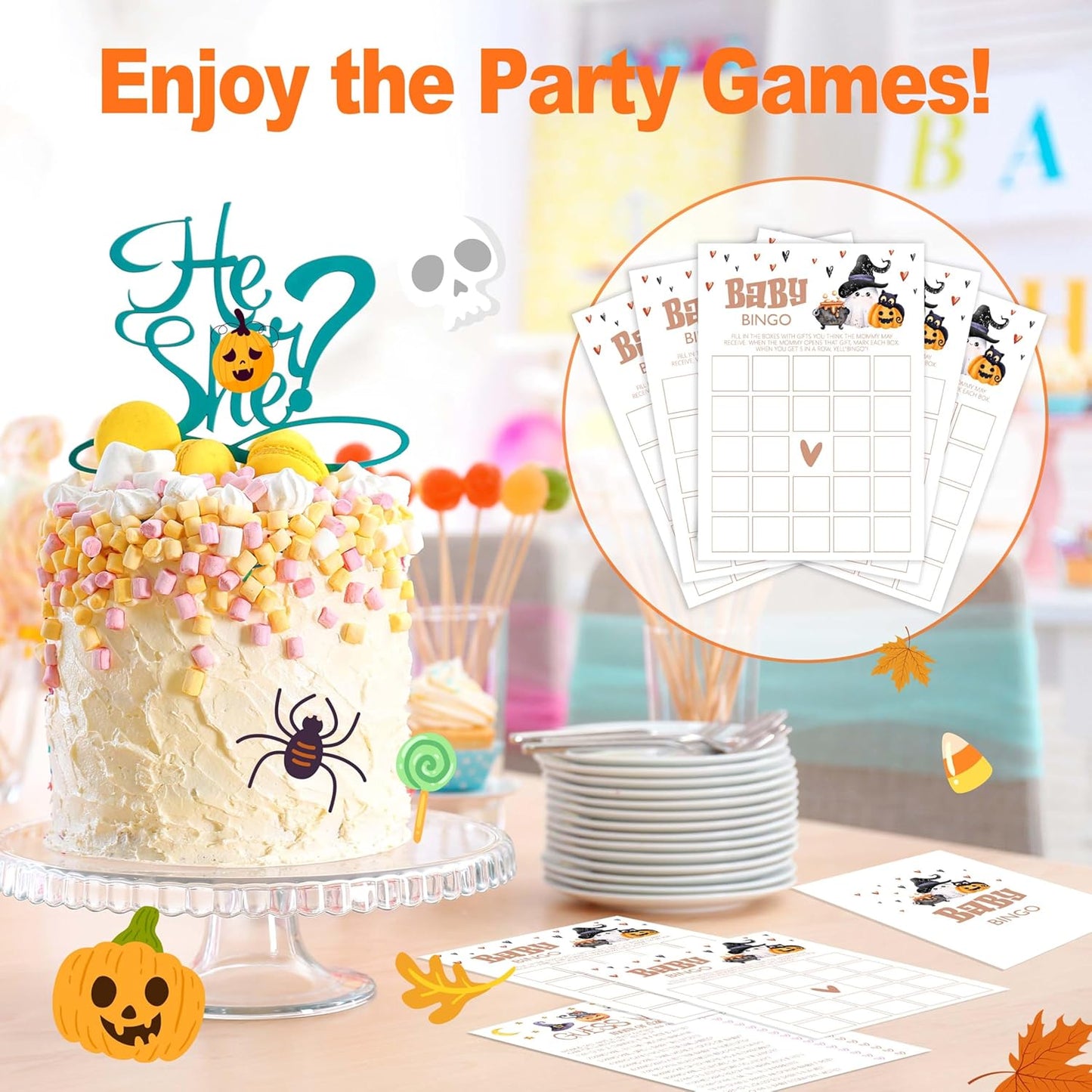 Baby Shower Games, Halloween Baby Bingo Card, 25 Double-Sided Game Cards for Gender Reveal Party Decorations Supplies Announcement - B03