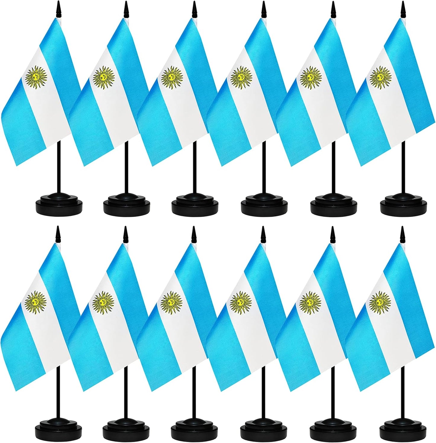 12 Pack Argentina Desk Flags Set, Argentine Small Mini Table Office Flags with 12" Solid Black Pole, 8.2 x 5.5 Inches, Home and Office Decoration, Festival Celebrations