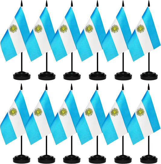 12 Pack Argentina Desk Flags Set, Argentine Small Mini Table Office Flags with 12" Solid Black Pole, 8.2 x 5.5 Inches, Home and Office Decoration, Festival Celebrations
