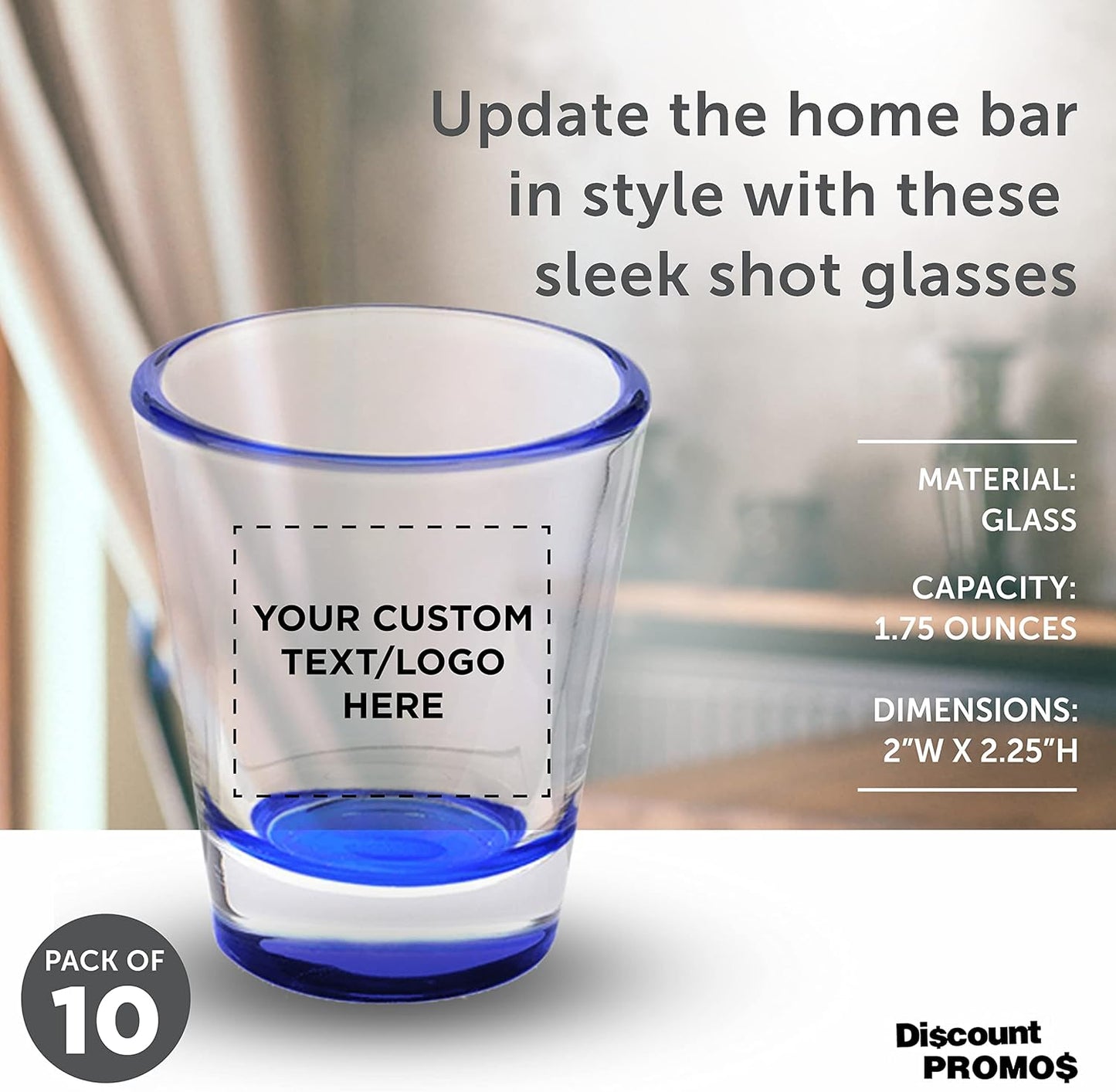 Custom Shot Glasses 1.75 oz. Set of 10, Personalized Bulk Pack - Great for Wedding Favors, Bachelorette Party Decorations, Party Fovors, Color Bottom - Blue