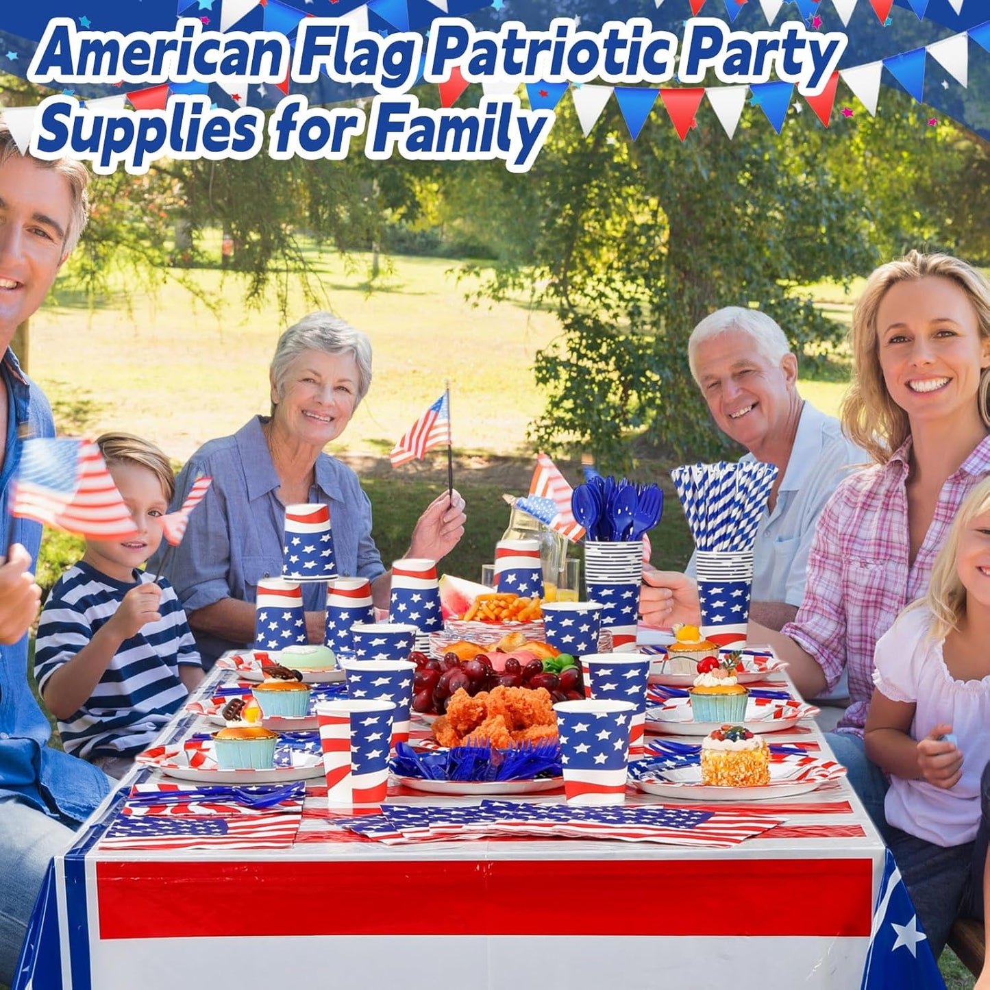 452 Pcs American Flag Party Supplies Veterans Day Decorations for 50 Guests, Patriotic Paper Plates Napkins Cups Tablecloth Cutlery Straws for USA 4th of July Party Supplies