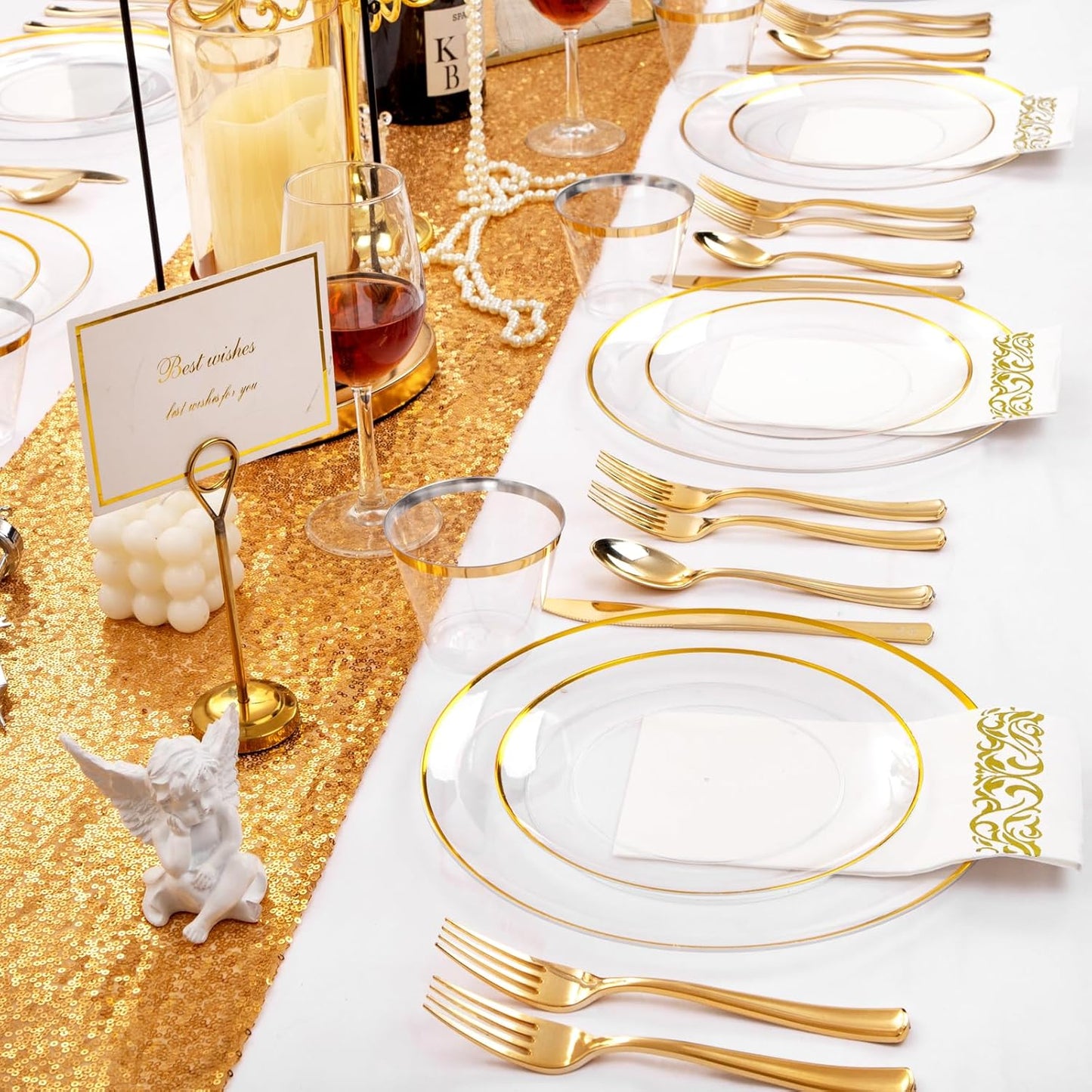 NOCCUR 350PCS Clear and Gold Plastic Plates - Gold Disposable Plastic Dinnerware Set for 50 Guests Include 100 Plastic Plates, 150 Gold Cutlery, 50 Cups&50 Napkins Idea for Wedding/Party/Thanksgiving