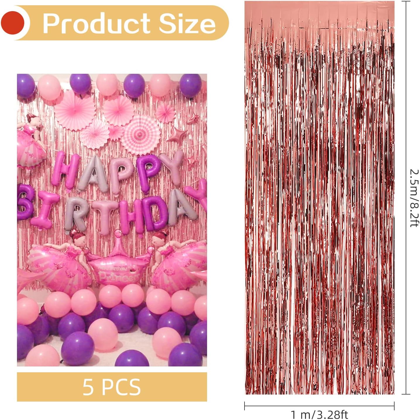 5 Pack Rose Gold Fringe Backdrop 3.2ft x 8.2ft Foil Curtain Tinsel Fringe Curtains for Birthday Party Decoration Wedding Christmas Decoration