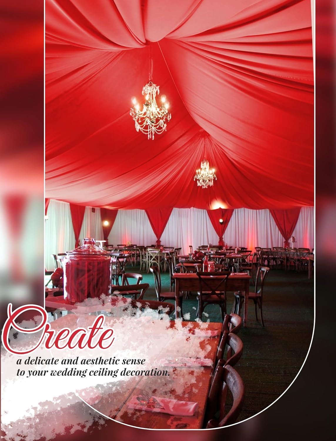 6 Panels Red Wedding Ceiling Drapes 5ftx20ft Ceiling Drapes Chiffon Fabric Arch Draping Sheer Curtains Soft Drapery Draping Wedding Ceiling Decorations for Party Ceremony Stage Swag