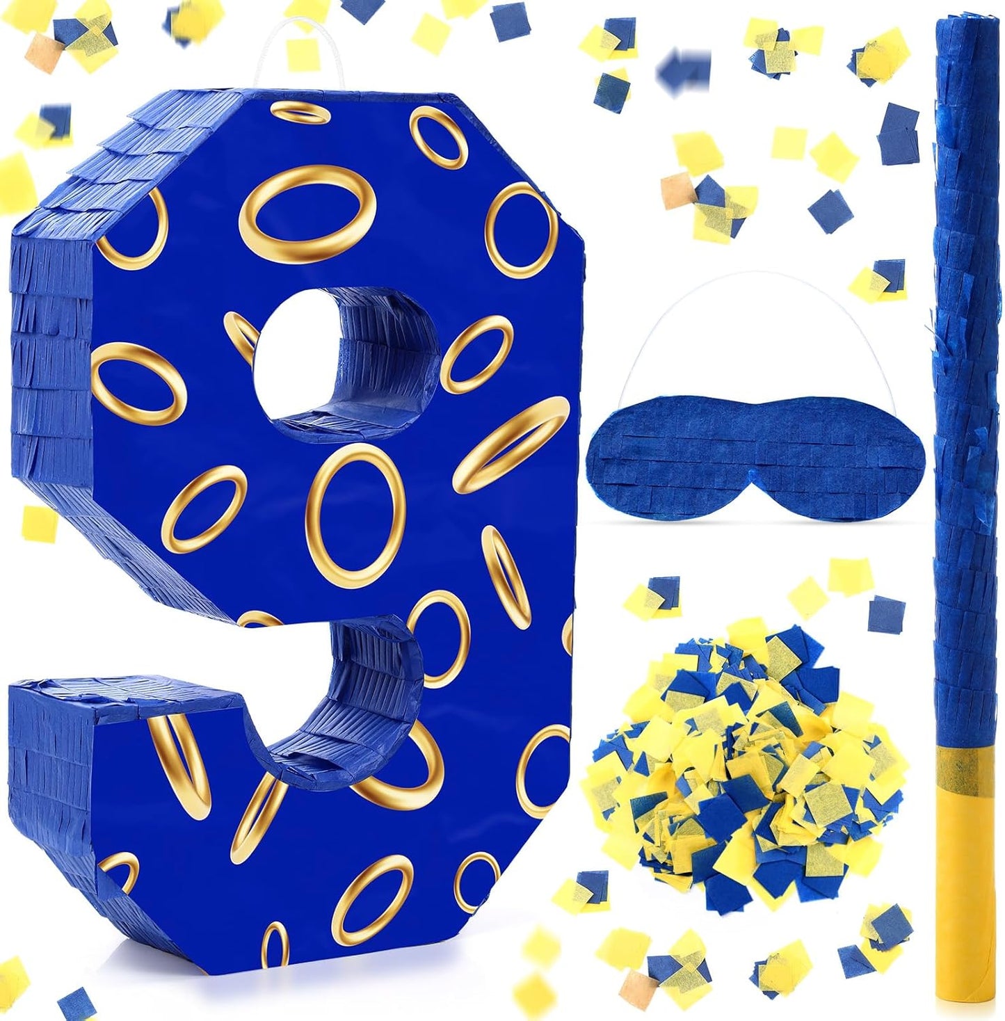 Number 9 Blue and Golden Rings Piñata for Kids Birthday Cartoon Theme Small Piñata with Blindfold Stick Confetti for Fiesta Cinco De Mayo Party Decor, 15.8 x 11 x 2.8 Inch
