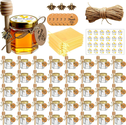 Adabocute Mini Honey Jars - Honey Pot With Honey Dipper, Bee Pendants, Jutes, Tags and Gold Organza Bags - Perfect For Baby Shower Favors, Party Favors and Wedding Favors, 40 Pack 1.5oz