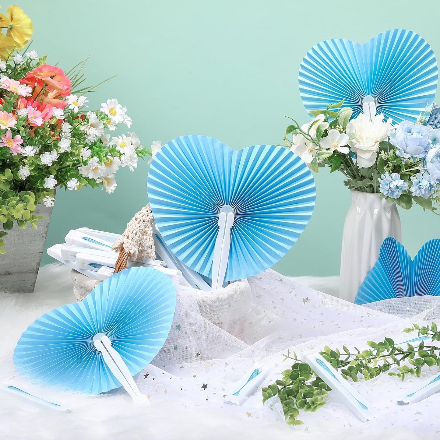 Unittype 150 Packs Wedding Paper Fans Heart Shaped Folding Handheld Fans for Wedding Decorate Guests Favor Anniversary Birthday Party Supplies Home Decor(Baby Blue)