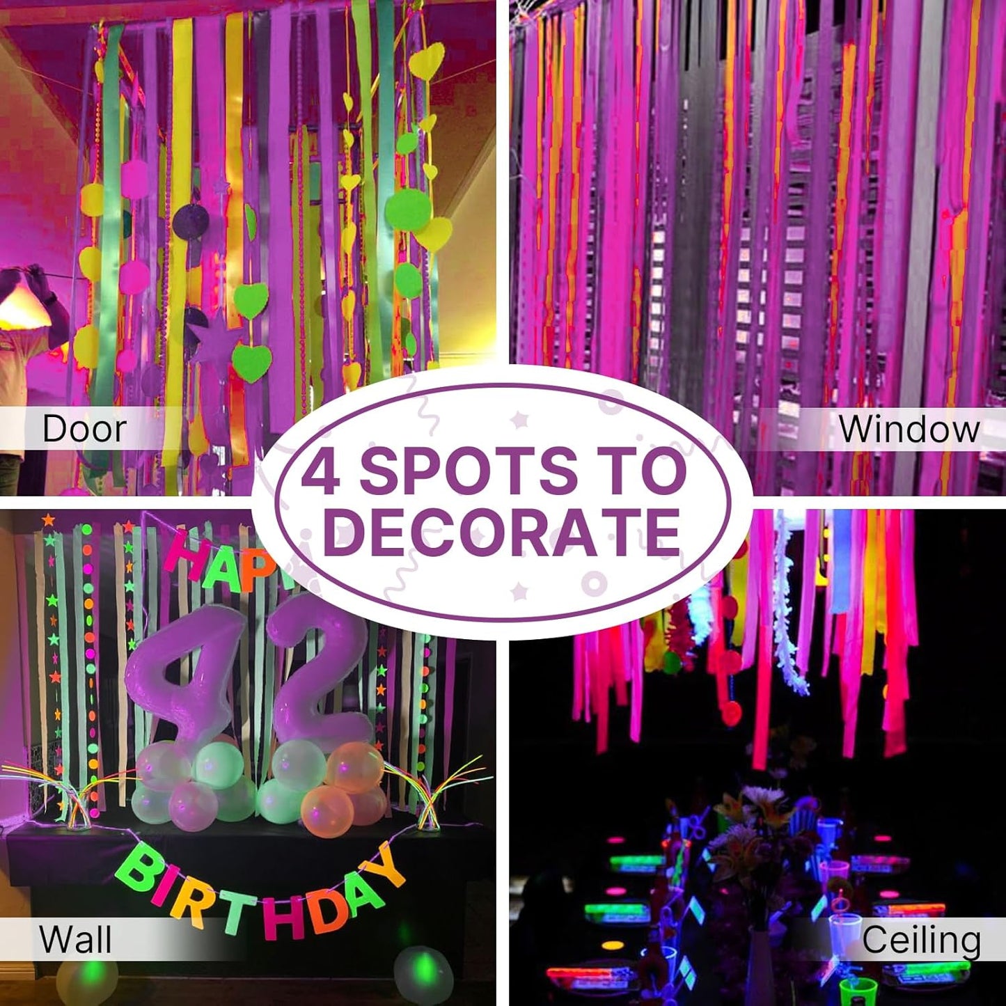 PartyWoo Purple Crepe Paper Streamers 4 Rolls 328 ft Pack of Neon Purple Crepe Paper for Graduation Baby Shower Halloween Birthday Party Decorations (1.8 Inch x 82 Ft/Roll), Purple-732