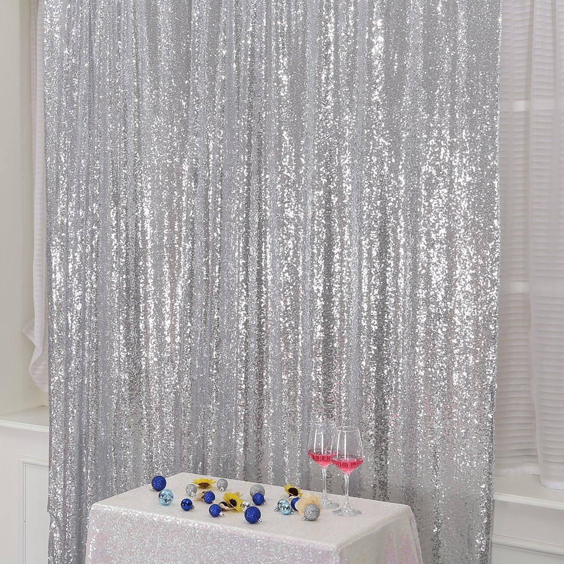 Poise3EHome Silver Sequin Backdrop,7FT x 7FT Sequin Photography Backdrop Curtain for Party Decoration, Silver