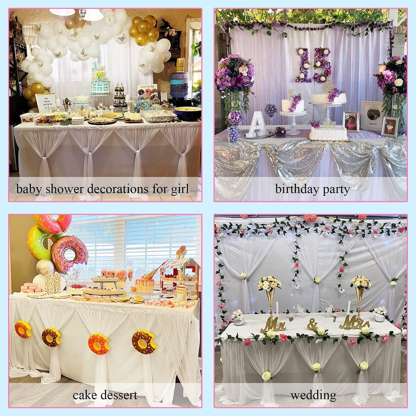 9ft Table Skirt White Tulle Tablecloth Tutu Table Skirt for Wedding Bridal Baby Shower Birthday Party Cake Dessert Buffet Banquet Decorations