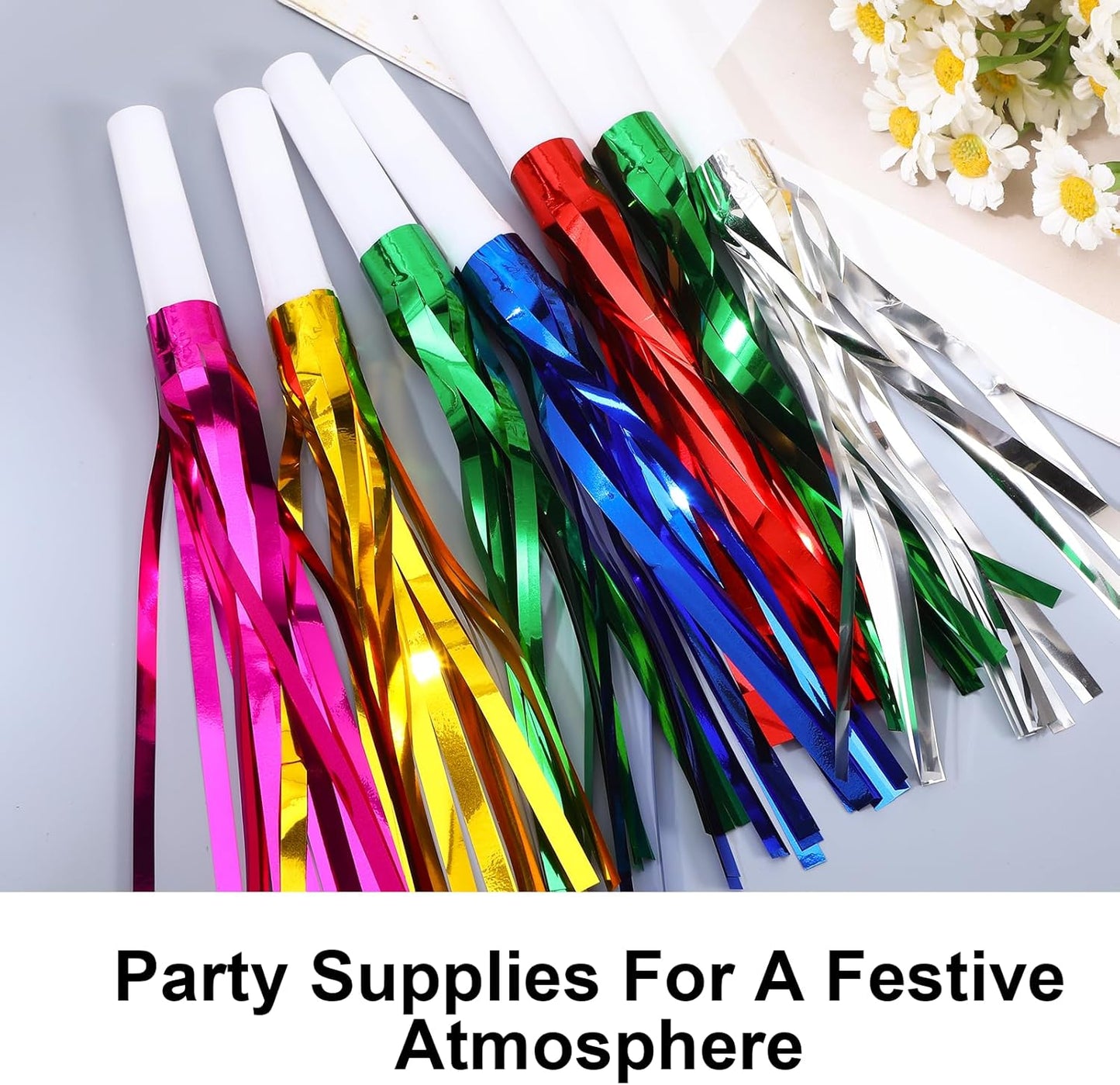 24 Pcs Party Horns, Party blowers Noise Makers, Graduation Noise Makers Glitter Metallic Fringed Birthday Blowers for Wedding Birthday Graduation Ceremony Festival (6 Colors)