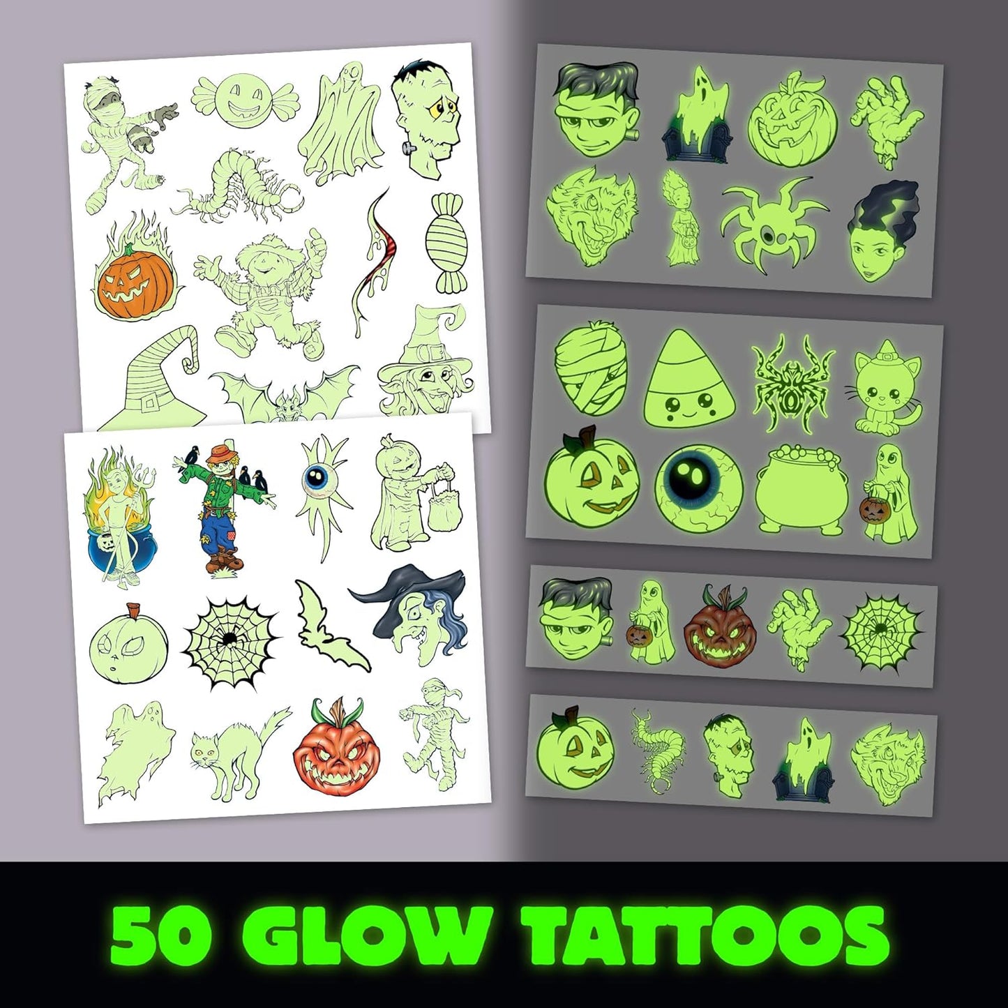Glow in the Dark Ghost Temporary Tattoos – 50 Pack Halloween Tattoos for Kids, Spooky Party Favors, Non-Toxic & Easy to Apply, Fun Trick-or-Treat Handouts