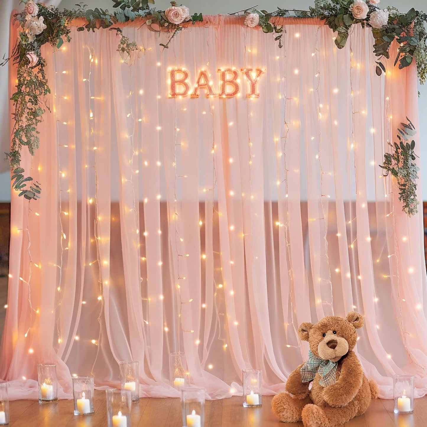 10×10ft Peach Tulle Backdrop Curtain with Lights String for Parties, Sheer Photo Curtain Backdrop Drapes for Wedding Party Photography Backgrounds