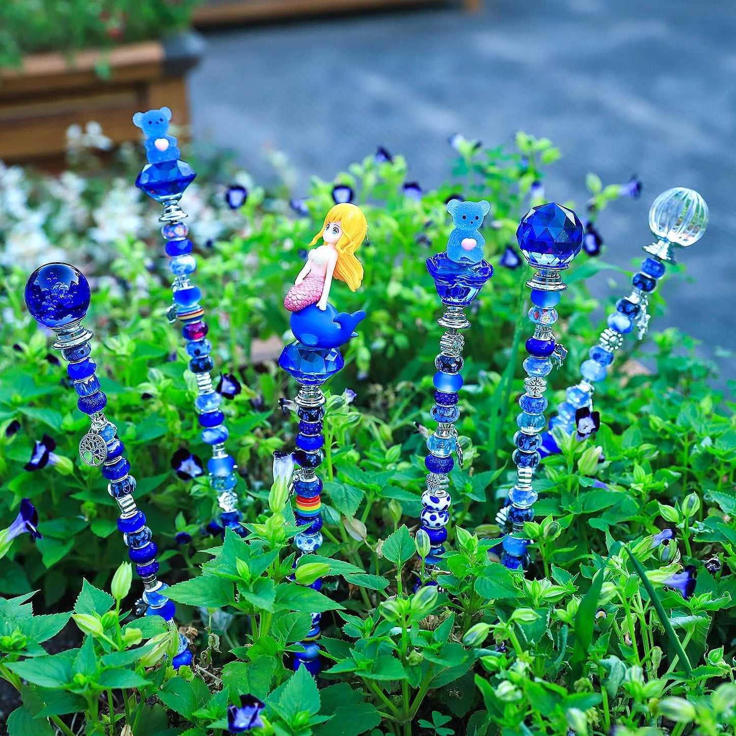 AIPRIDY 158 Pcs DIY Fairy Wand Garden Stakes Kit,Multiple Color Scheme European Beads Crystal Diamond Tops and 12 or 10 Inch Threaded Rods,Stainless Steel Stakes with Diamond Toppe(Sapphire Blue)