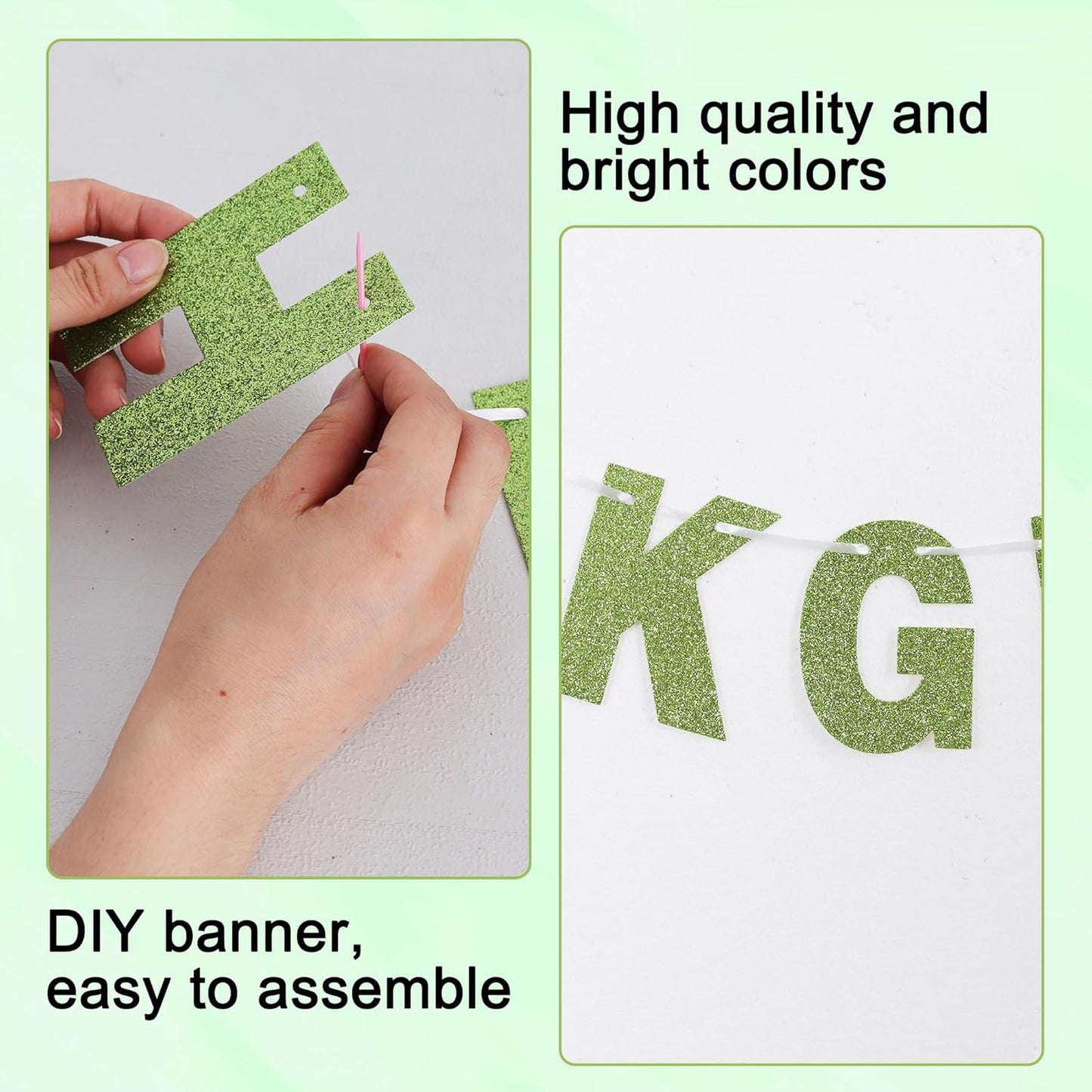 BEISHIDA 116 PCS Glitter Grass green DIY Letter Banner Kit Make Your Own Banner，Including 111 Letters and Numbers 3 Rope and 9 Threading Device,Customized for Birthday Graduation Wedding Party Decor