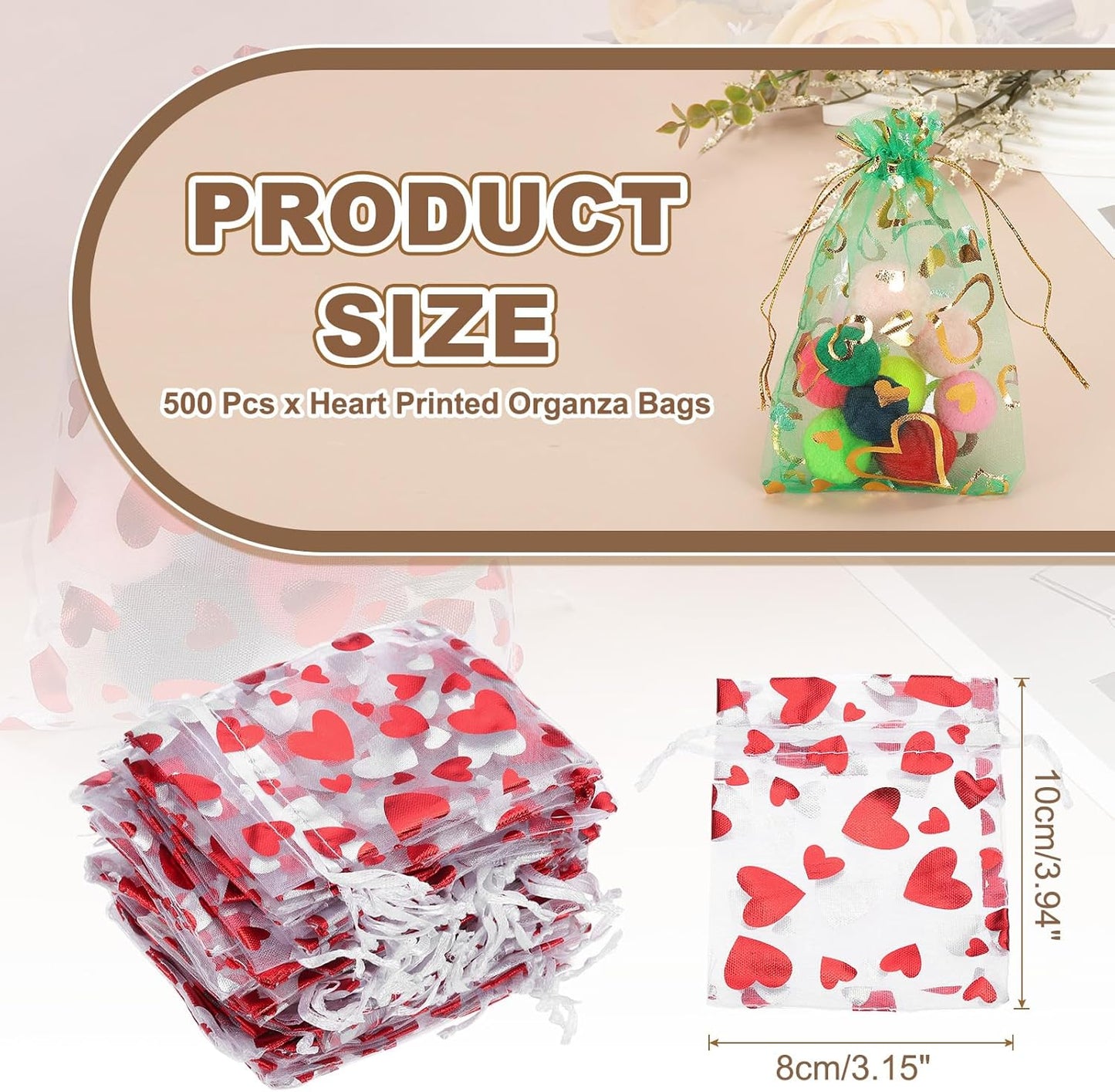 PATIKIL 50 Pcs 3x4 Inch Heart Printed Organza Bags, Red Sheer Heart Organza Bags with Drawstring for Festival Candy Jewelry Party Wedding Favor Gift
