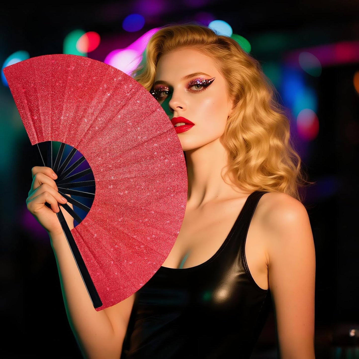 Glitter Large Fans Red Fans for Line Dancing Boots on The Ground Fan Shiny Popping Clacking Fan Hand Fans for Women Foldable Rave Accessories for Festival, Party, Club, Dance