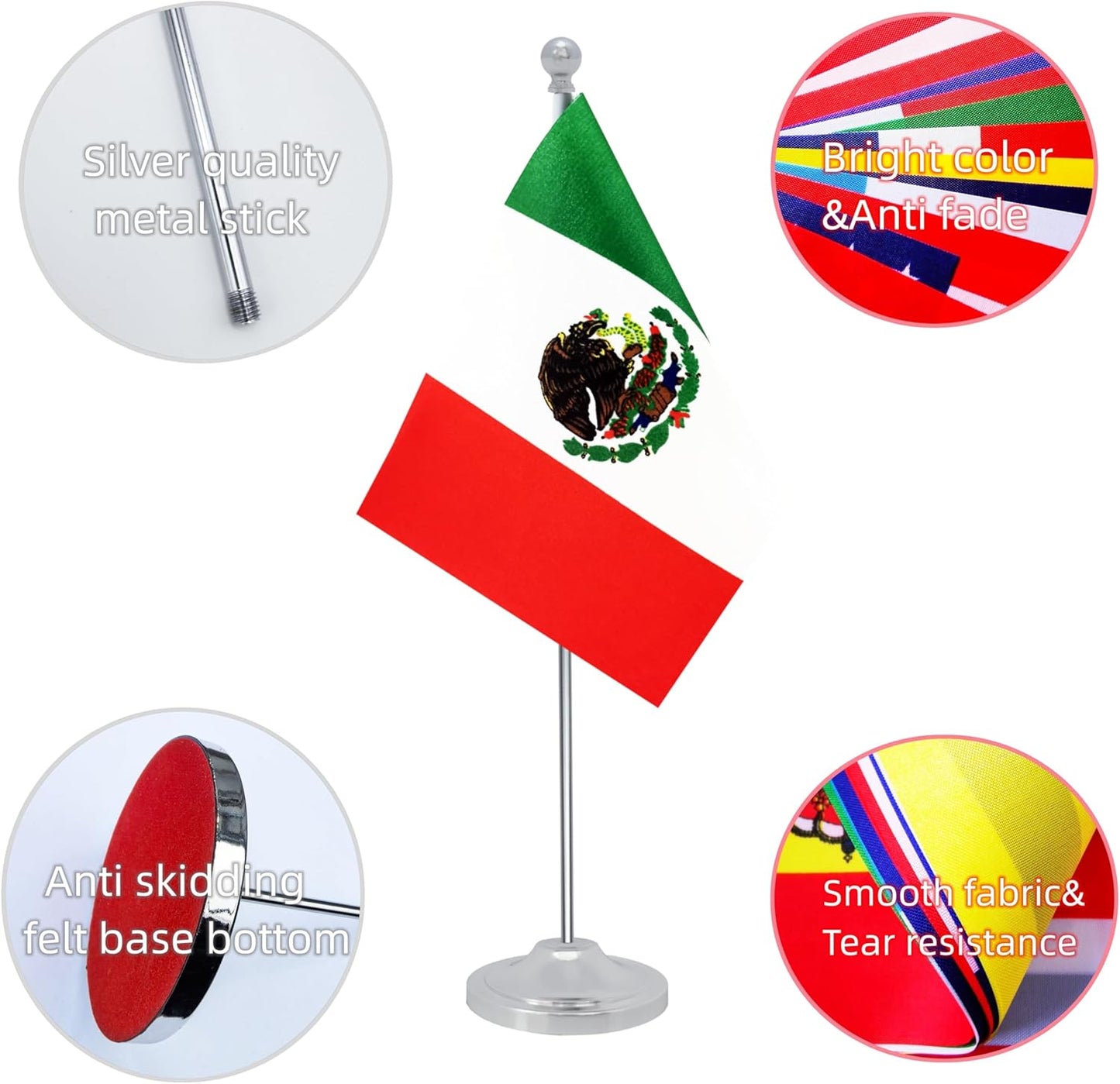 Mexico Desk Flag, Mexican Table Office Flag with Metal Pole and Stand Base, International Country Flags, Festival Event Celebration, Classroom Meeting Desktop Decor (Mexico)