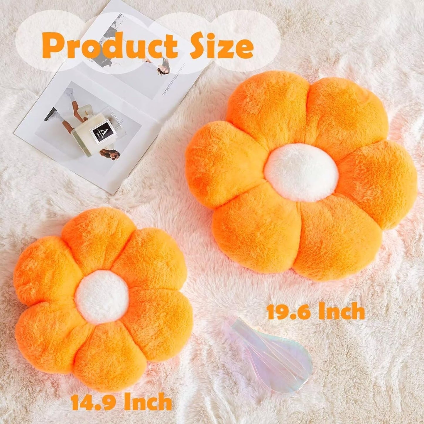 Cute Decorative Orange Flower Shaped Throw Pillow with Faux Rabbit Fur, Soft Plush Pillow, 14.9" Room Decor for Bedroom Living Room