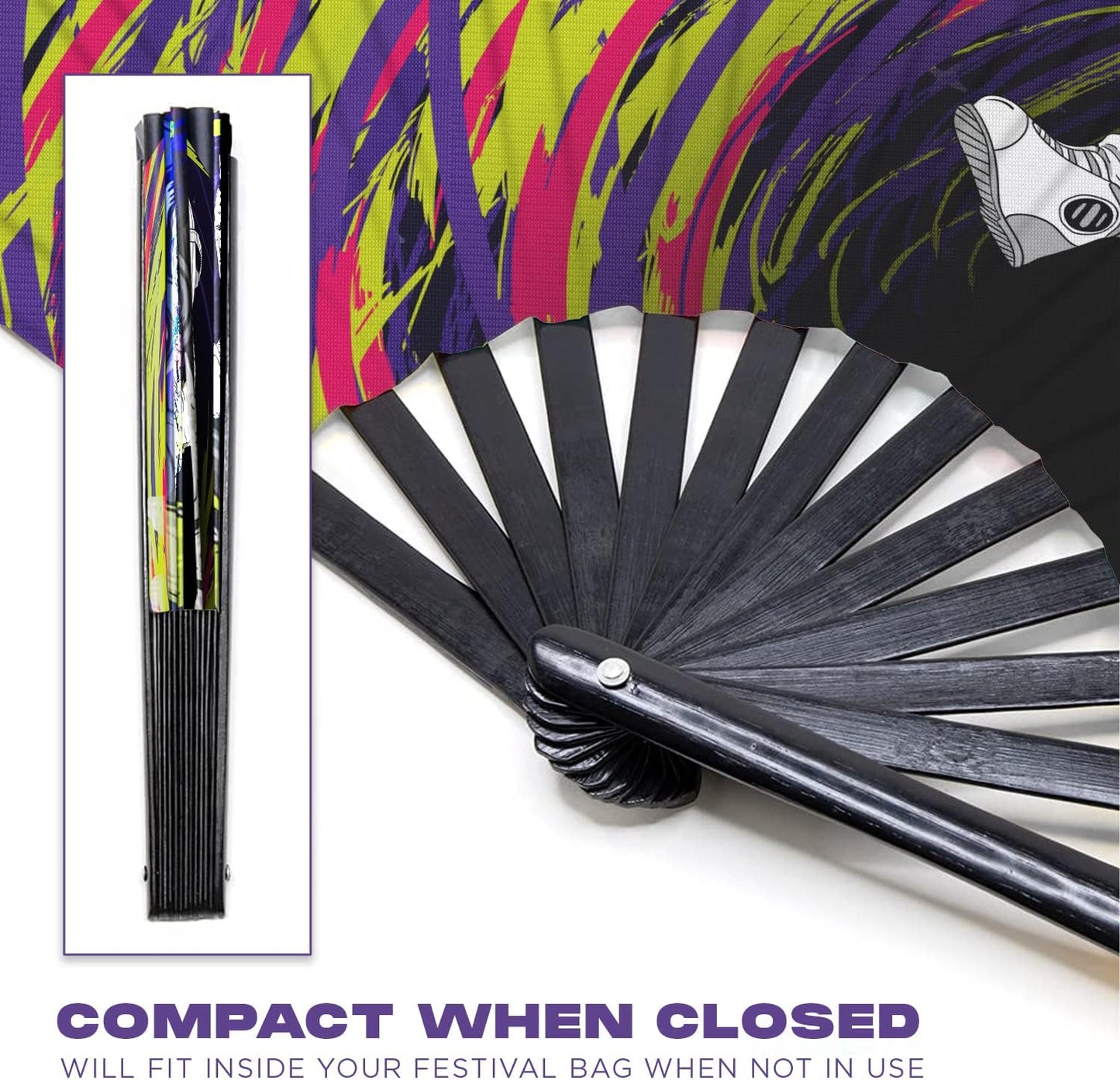 GloFX Rave Fan - Spaced Out Astronaut - Large Folding Fan - Music Festival Essential, EDM Rave Accessories, Folding Hand Fan, Clack Fan