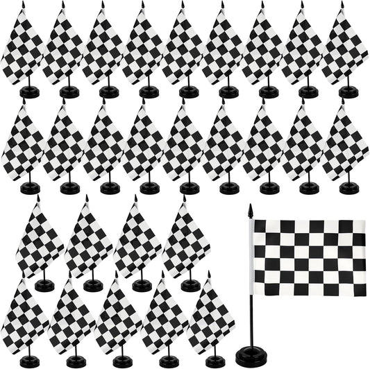 28 Pcs Black and White Checkered Racing Stick Flag Mini Race Car Office Table Desk Flags with Stand Base for Race Car Office Home Decorations and Party Celebrations