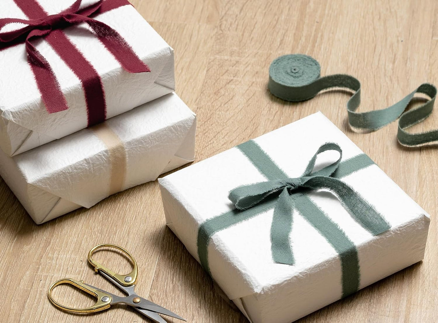 Christmas Ribbon Set 5/8" x 21 Yards with Frayed Fringe Fabric Cotton Ribbons for Gift Wrapping Wedding Invitations Flower Bouquet Baby Shower