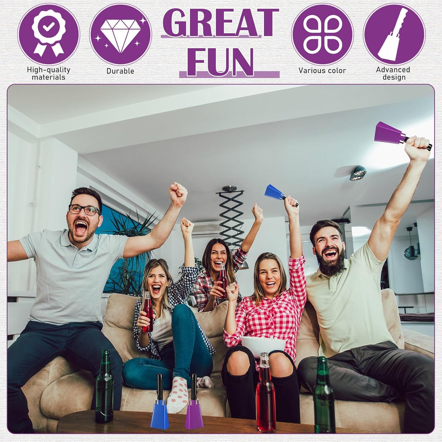 Pelopy 12 Pcs Large Cow Bell 9 '' Cowbell with Handle Cowbells for Sporting Events Hand Percussion Cheering Bell Chimes for Football Game, Alarm Loud Noise Makers, Musical Instrument(Purple, Blue)