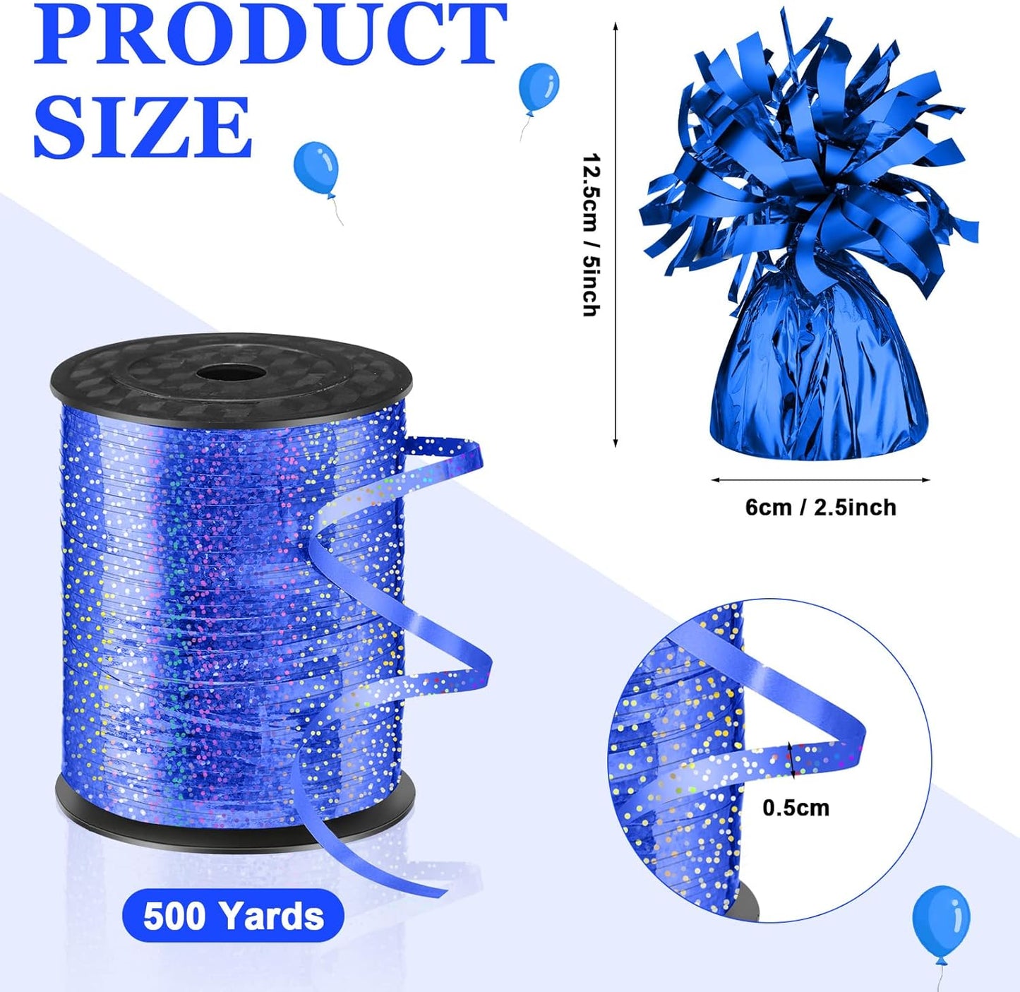 24 Pcs Balloon Weights Metallic Anchor Balloon Holder for Helium Balloons Heavy Table Weights and 1 Roll Iridescent Crimped Ribbon for Birthday Wedding Halloween Christmas Party(Blue)
