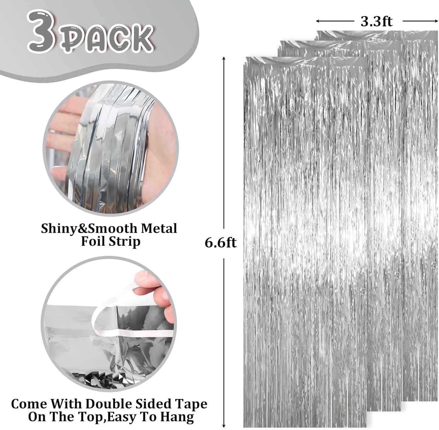 3 Pack 3.3 x 6.6 ft Silver Foil Fringe Backdrop Curtains, Tinsel Streamers Party Decorations, Fringe Backdrop for Birthday, Baby Shower, Gender Reveal, Graduation