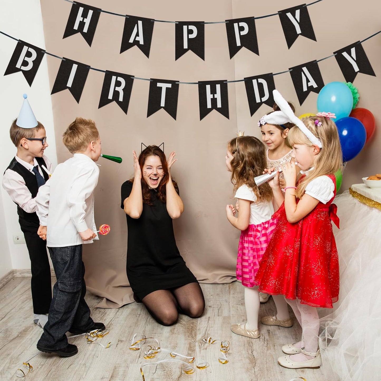 20 PCS Customizable Kraft Banner Set with Letters Stencil, Rustic DIY Party Decorations, Black Blank Banners Kit for Birthday Events